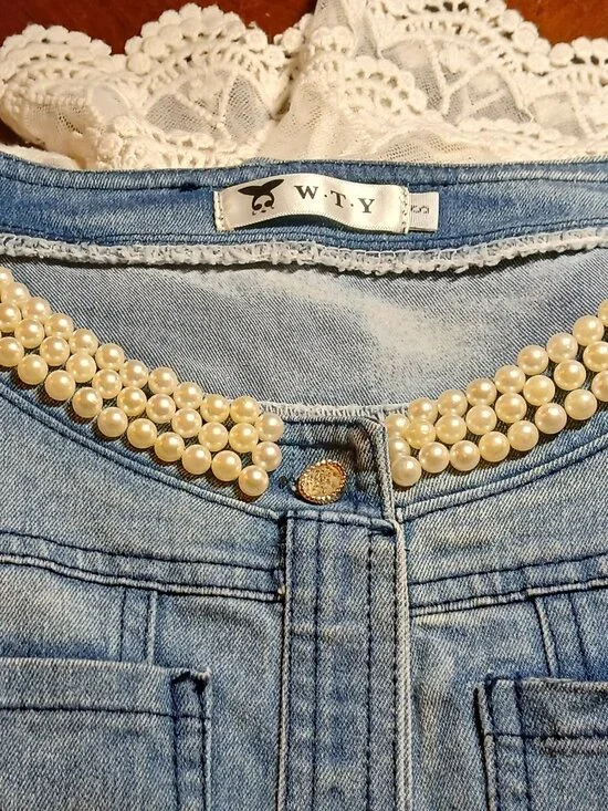 WTY Blue Jean Jacket with Faux Pearls and Lace/Crochet Cuffs & Hem - EUC - Picture 6 of 12